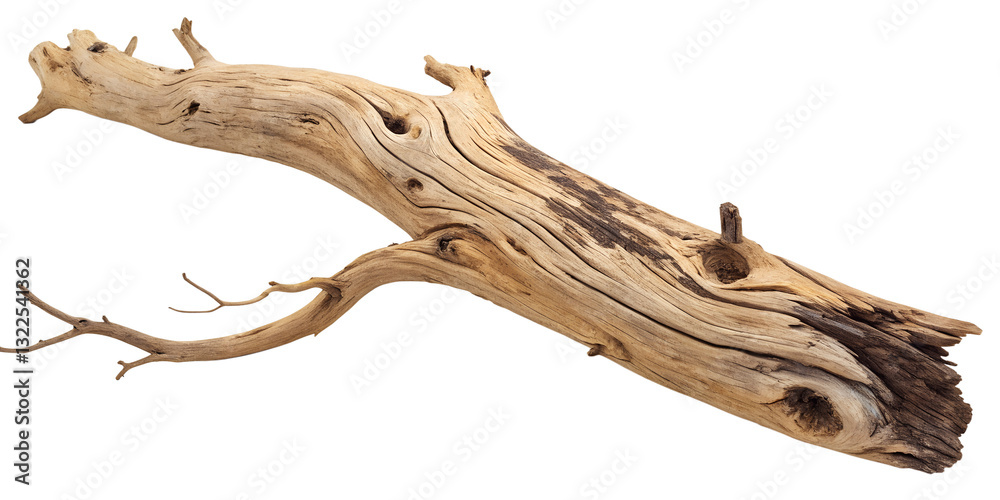 Weathered driftwood branch with organic curves and fine texture, perfect for eco-friendly art, design or decorative use Weathered driftwood branch with organic curves and fine texture, perfect for eco-friendly art, design or decorative use