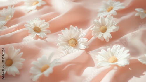 Daisy Delight: A close-up shot of delicate daisies scattered artfully across a soft, peach-toned fabric, creating a serene and aesthetically pleasing visual.