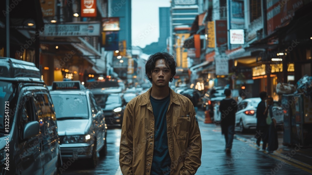 Surreal scene of a young Malaysian man walking in a busy city street Surreal scene of a young Malaysian man walking in a busy city street