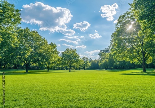 Lush Green Park Landscape Under Bright Blue Sky with Fluffy White Clouds and Sunlight Filtering Through Trees in a Scenic Natural Environment