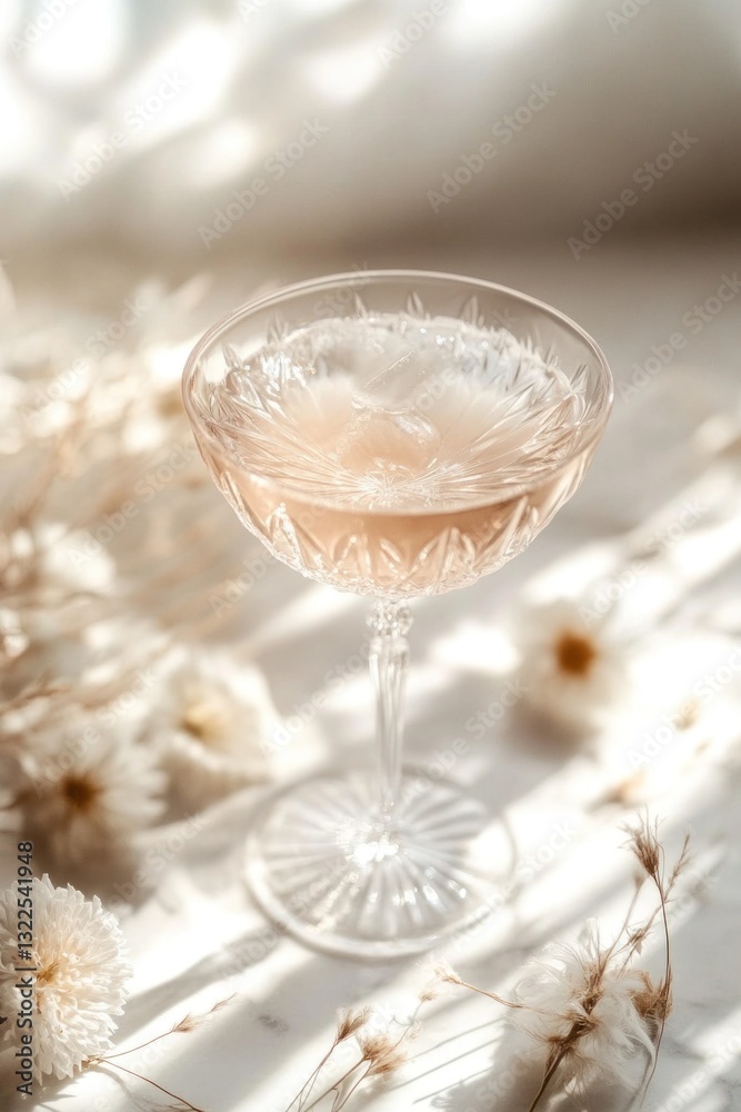 Obraz premium Sparkling rose wine in a coupe glass, surrounded by dried flowers and sunlight.