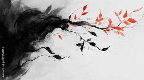 Abstract Sumi-e Painting of Swirling Winds and Leaves