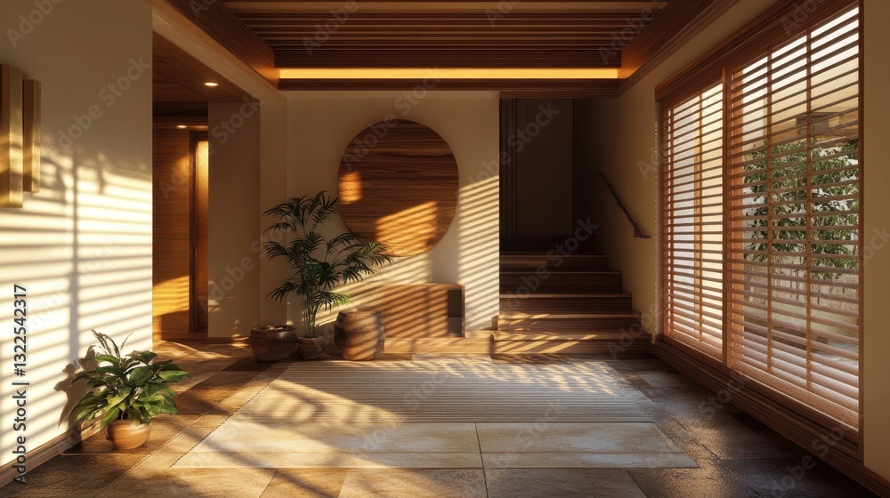 Obraz premium A sunlit interior hallway displays wooden elements and natural accents