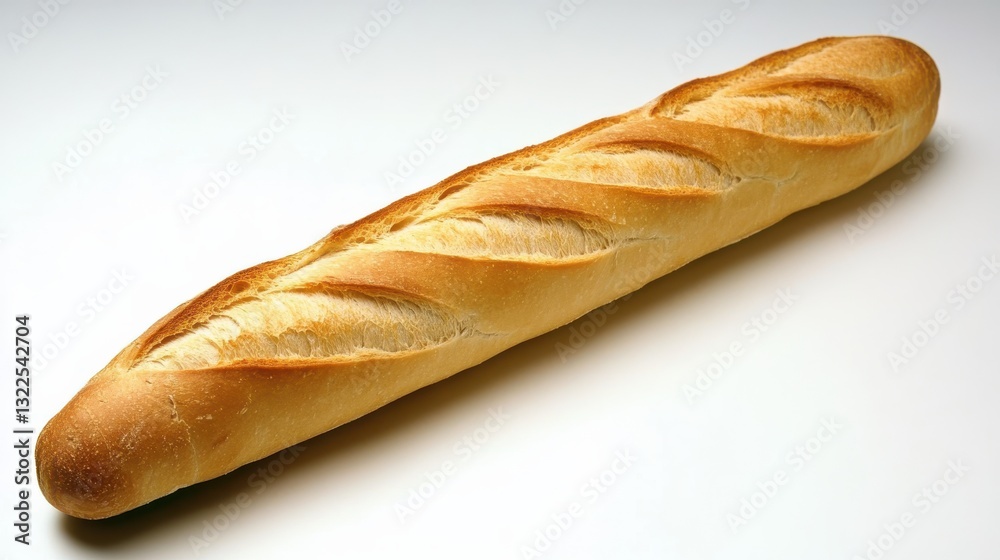 Freshly Baked Golden Baguette Loaf Displayed on a White Surface Ready to Eat Freshly Baked Golden Baguette Loaf Displayed on a White Surface Ready to Eat