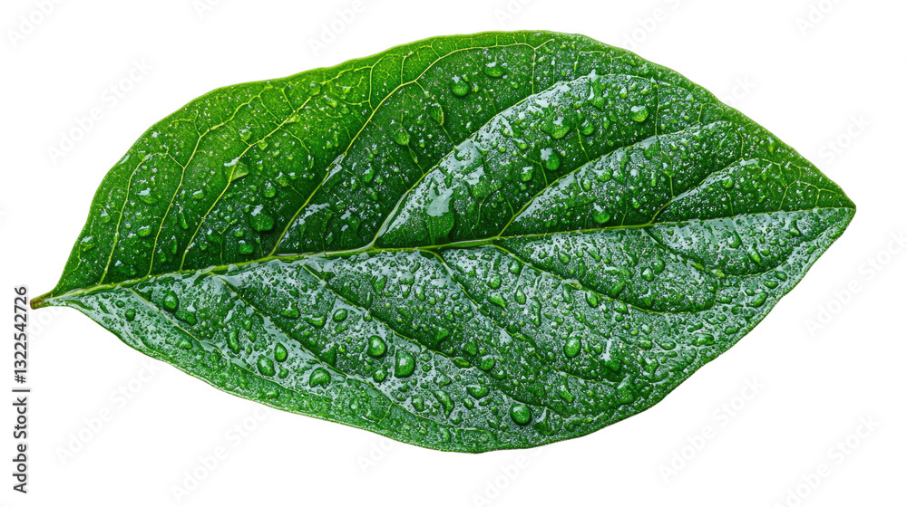 Obraz premium Dew-Kissed Emerald Leaf: A vibrant green leaf glistens with droplets of morning dew, a close-up capturing nature's delicate artistry. 