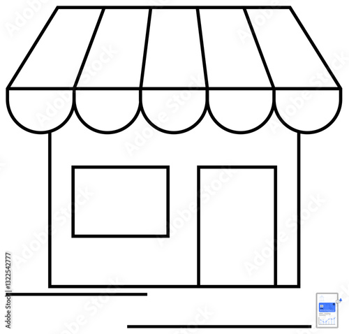 Minimalist storefront design with a striped awning, window, and door. Ideal for small business, retail, shop branding, entrepreneurship, marketplace local economy urban planning. Flat simple