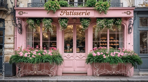 Charming Pink Pâtisserie with Flower-filled Windows