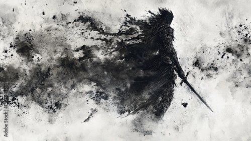 Mystical ink wash of a celestial warrior in the skyGeneratedValue