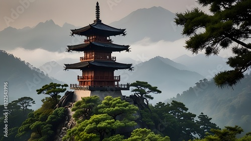 Wallpaper Mural A traditional wooden pagoda standing against a misty mountain backdrop Torontodigital.ca