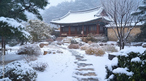 Wallpaper Mural A traditional building and snowy garden in a serene winter scene Torontodigital.ca