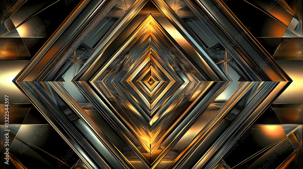 Obraz premium Triangular metallic surface with golden reflections and geometric patterns. Golden Reflections. Illustration