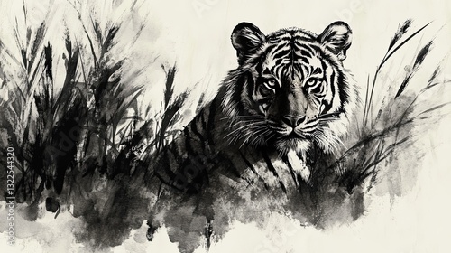 Ink wash of a tiger staring intently from tall grass