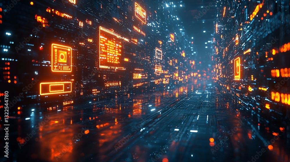 Fototapeta premium Futuristic digital corridor with glowing circuits