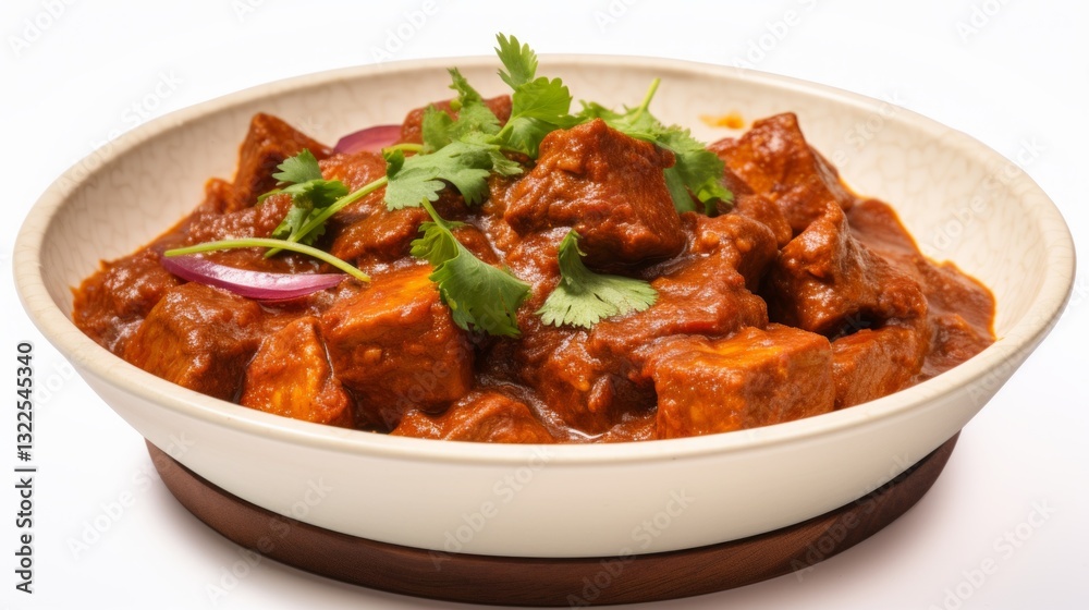 Traditional spicy vindaloo curry with tender pork meat served on white plate background Traditional spicy vindaloo curry with tender pork meat served on white plate background