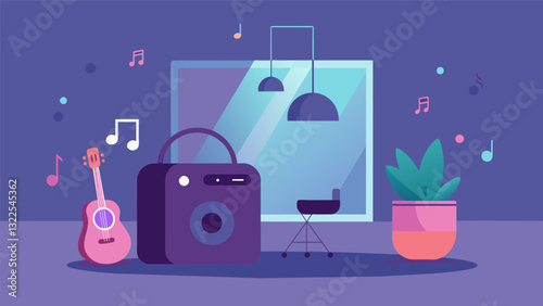 Soft muted music playing from a portable speaker filling the room with soothing melodies.. Vector illustration