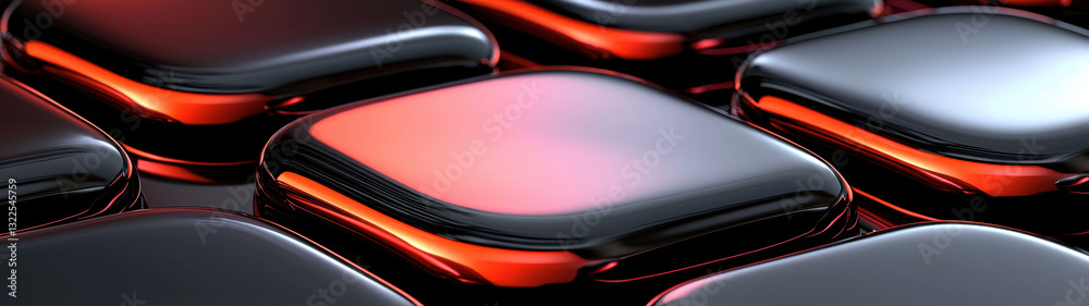 Black glossy rounded square objects catch the light, their edges glowing with an intense red reflection