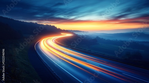 Under a dark and hazy sky at night, the road appears as part of a dramatic landscape with motion lights that are blurred and indistinct