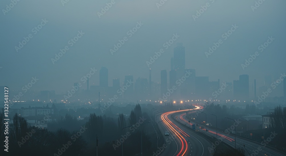 Fototapeta premium Foggy cityscape with light trails on winding highway at dusk