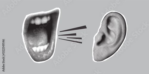 mouth wide open scream female lips and ear retro halftone collage elements for mixed media design