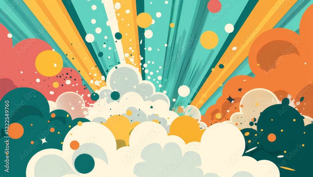 Vibrant Background with Colorful Explosion, Sun Rays, and Halftone Dots in a Bright Illustration Vibrant Background with Colorful Explosion, Sun Rays, and Halftone Dots in a Bright Illustration