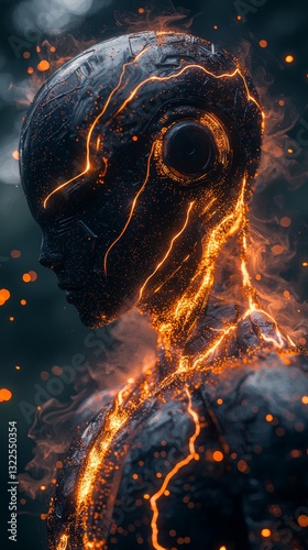 Frozen cyborg at the center of a crackling energy sphere, beautifully illustrated in a cinematic 3D render