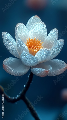 A pristine white water lily adorned with glistening dewdrops, set against a serene blue background, exuding tranquility and natural beauty in a captivating manner.