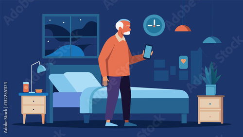 A senior man in his bedroom using a smart tracking device to monitor his daily steps and sleep patterns.. Vector illustration
