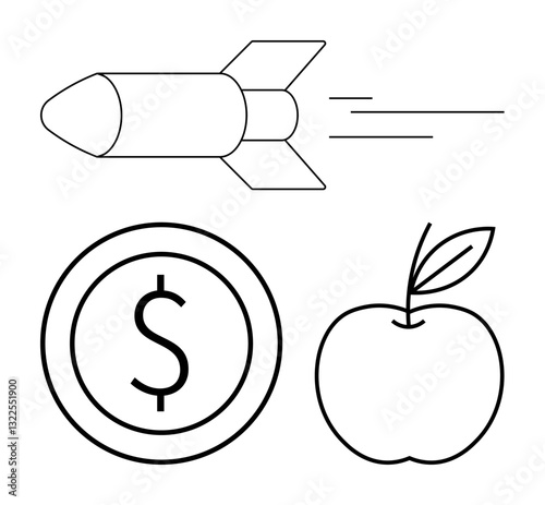 Rocket in motion, dollar coin, and apple symbolize innovation, economy, and growth. Ideal for technology, business, education finance health sustainability ambition. Flat simple metaphor