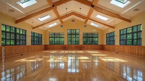 Spacious, light-filled community hall with hardwood floors and large windows