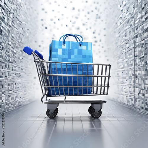 Blue e commerce transition on silver pixelated background with shopping cart designs  