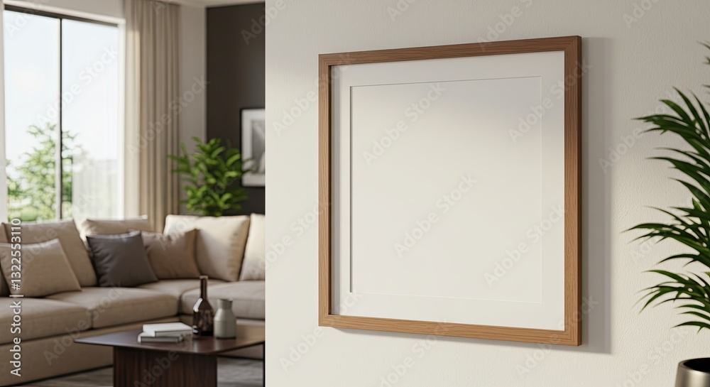 Minimalist living room with blank framed canvas and cozy natural decor Minimalist living room with blank framed canvas and cozy natural decor
