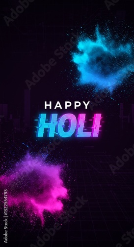 In vibrant neon hues, holographic lights twinkle in celebration of the ancient Indian festival of Holi, bringing joy to all who witness this futuristic holiday spirit.