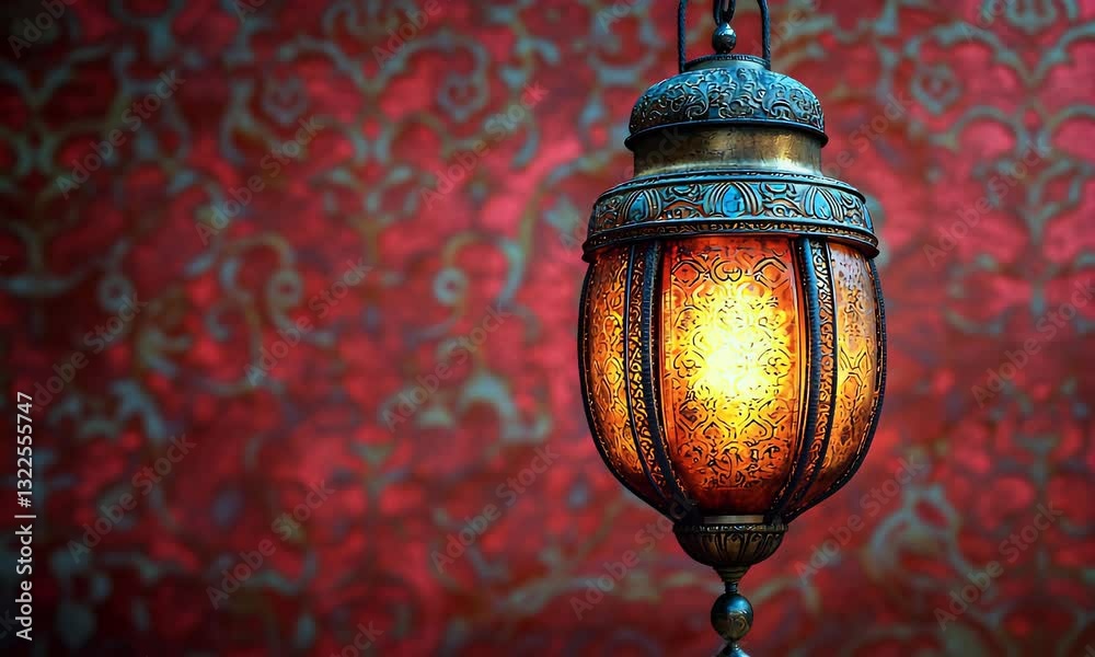 Illuminated Moroccan lantern hangs against ornate red wall, perfect for Ramadan or festive decor