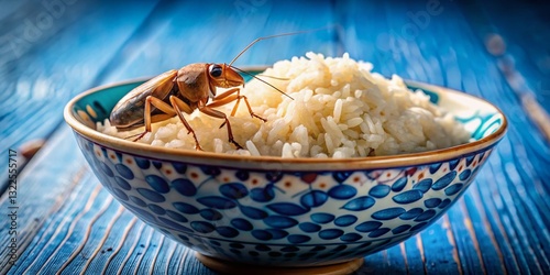 Close-up of Cockroach Eating Rice in Blue Bowl - High-Resolution Stock Photo