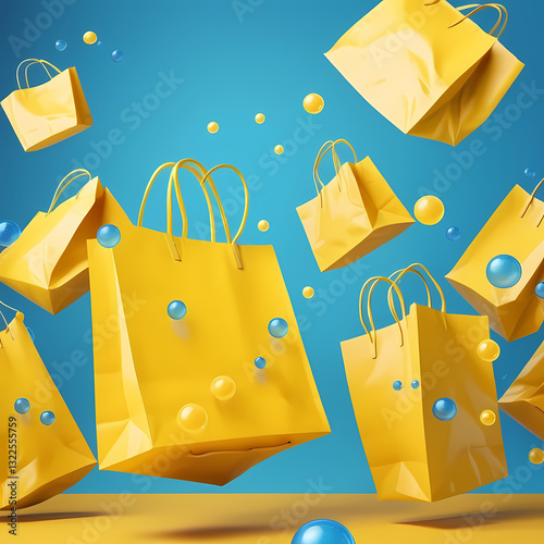 Floating yellow shopping bags with blue bubbles on a bright yellow background 