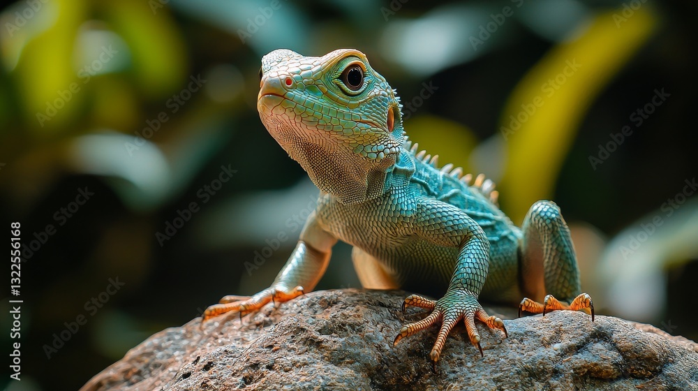 In a tranquil, sunlit setting, a magnificent green lizard perches on an old stone wall, amongst a lush array of greenery In a tranquil, sunlit setting, a magnificent green lizard perches on an old stone wall, amongst a lush array of greenery