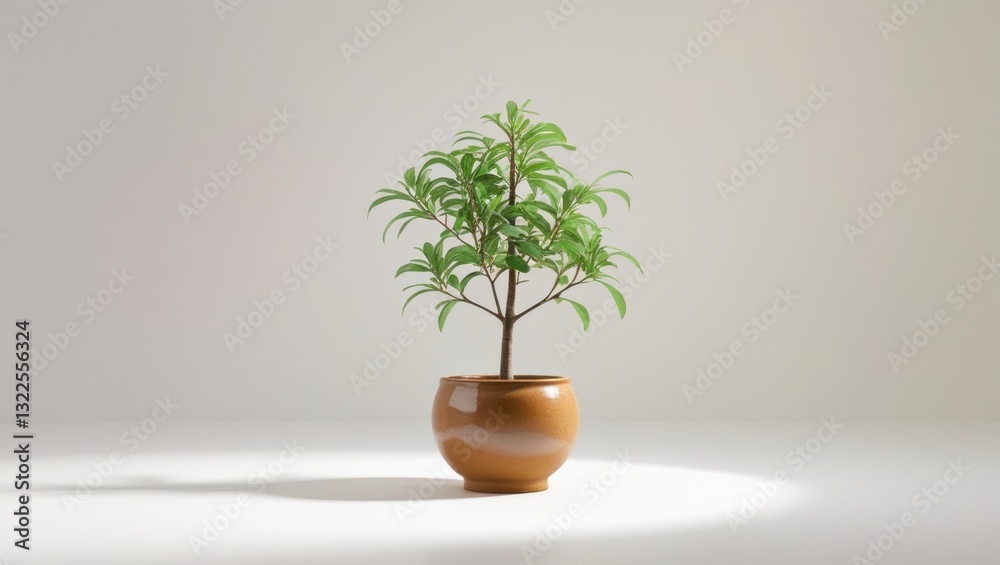 Delicate Young Peach Tree with Green Leaves in Ceramic Pot on White Background Under Bright Studio Lighting Delicate Young Peach Tree with Green Leaves in Ceramic Pot on White Background Under Bright Studio Lighting