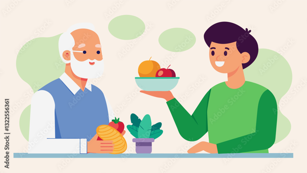 A holistic nutritionist and an elderly man discuss incorporating more plantbased sources of protein and healthy fats into his daily meals for optimal health.. Vector illustration A holistic nutritionist and an elderly man discuss incorporating more plantbased sources of protein and healthy fats into his daily meals for optimal health.. Vector illustration