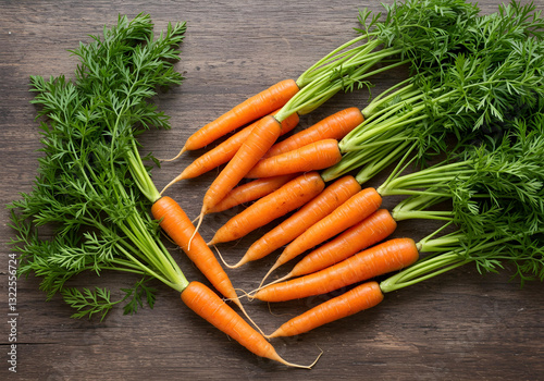 Fresh carrots with green leaves on a wooden table Generated with AI PNG