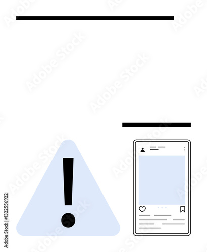 Exclamation mark within a triangle next to a social media post interface. Ideal for warning, attention, social media safety, cybersecurity, information protection, awareness campaigns, flat simple