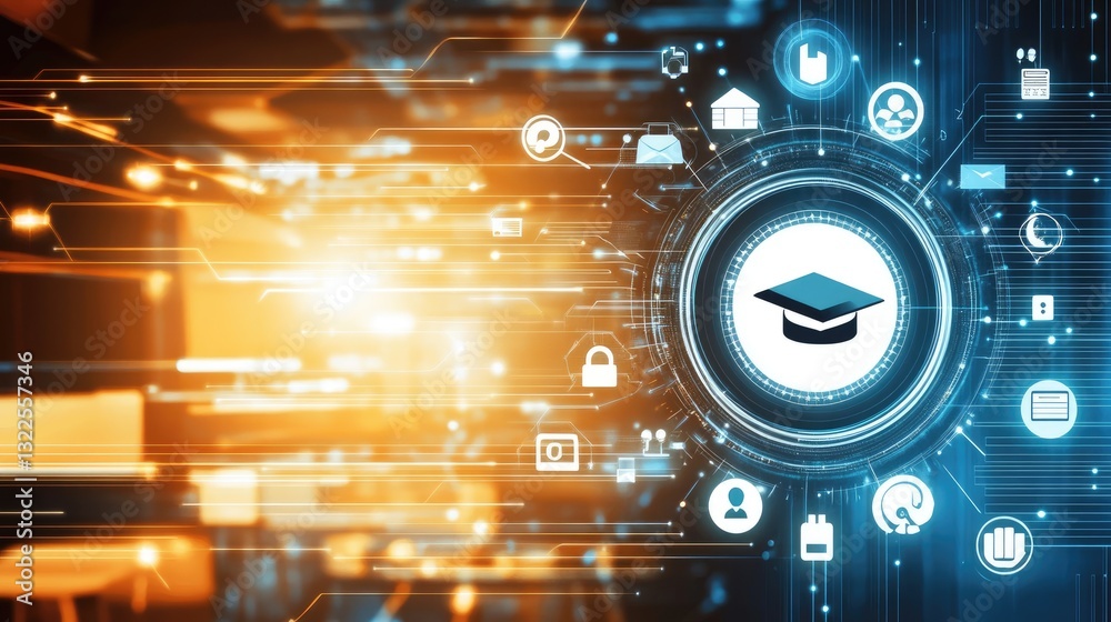 Fototapeta premium A banner displaying online education tools such as virtual classrooms, e-learning icons, and internet resources on a futuristic background.