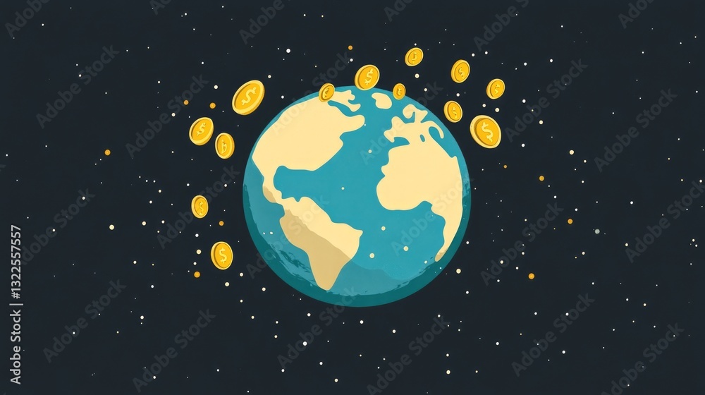 Fototapeta premium A blue and yellow stylized globe with rising coins, symbolizing economic expansion and international trade.