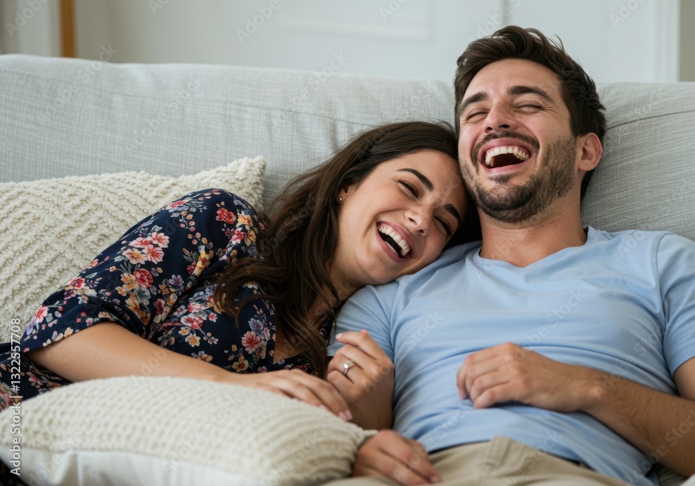 Happy couple relaxing and laughing together on a cozy sofa Happy couple relaxing and laughing together on a cozy sofa