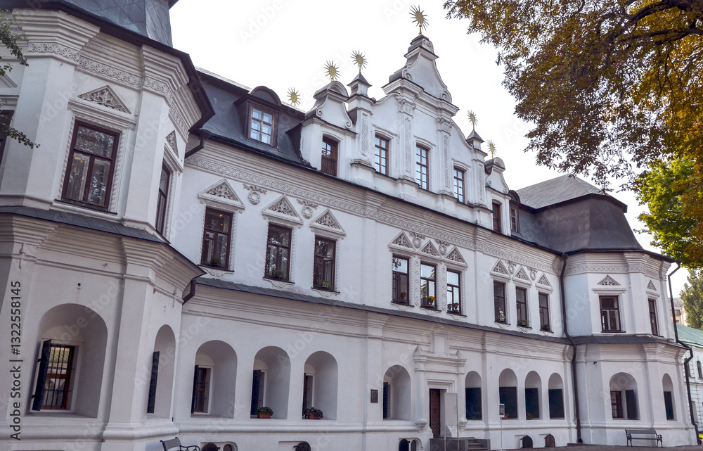 Impressive architectural gem of Metropolitan Residence in Kyiv built in the Baroque style, features white facade adorned with intricate details, arched windows, and prominent central entrance
Impressive architectural gem of Metropolitan Residence in Kyiv built in the Baroque style, features white facade adorned with intricate details, arched windows, and prominent central entrance