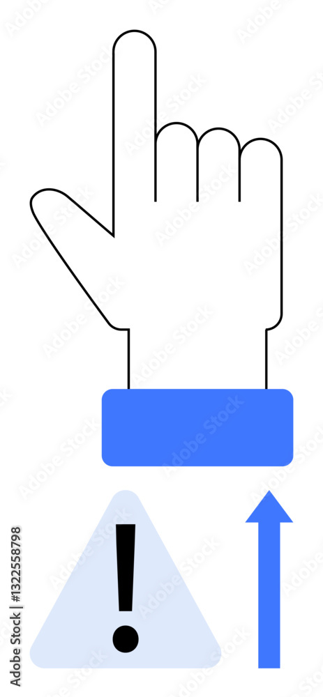 Fototapeta premium Raised hand with upward arrow and alert triangle conveys caution, attention, progress, and decision-making. Ideal for warning, guidance, priority, focus, direction education flat simple metaphor