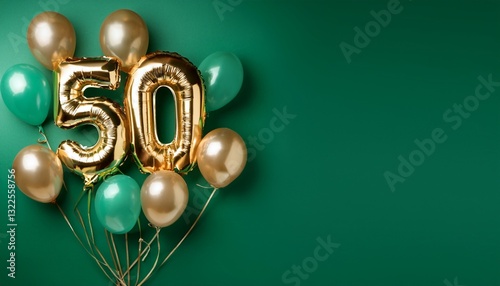 Banner with number 50 balloons on green background with copy space. Generated image