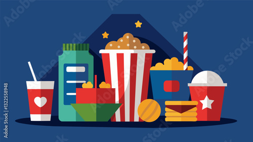 Guests can relive the 2000s with classic movie night snacks like popcorn candy and soda.. Vector illustration