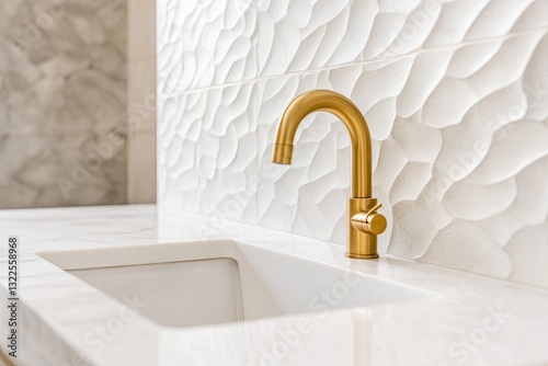 Modern bathroom sink with gold faucet and textured wall tiles photo