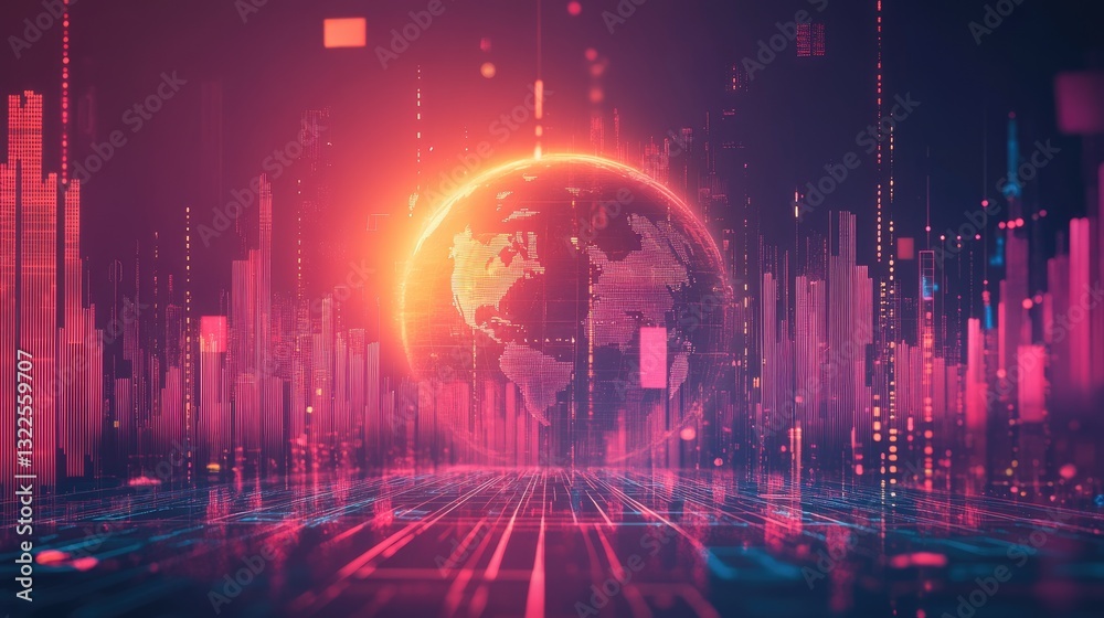 Naklejka premium A conceptual futuristic economy with a split-color world globe, floating bitcoins, and holographic financial charts.