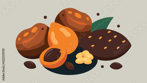 Indulge in a guiltfree treat with dark chocolate covered almonds dried apricots and roasted peanuts for a sweet and savory protein combo.. Vector illustration